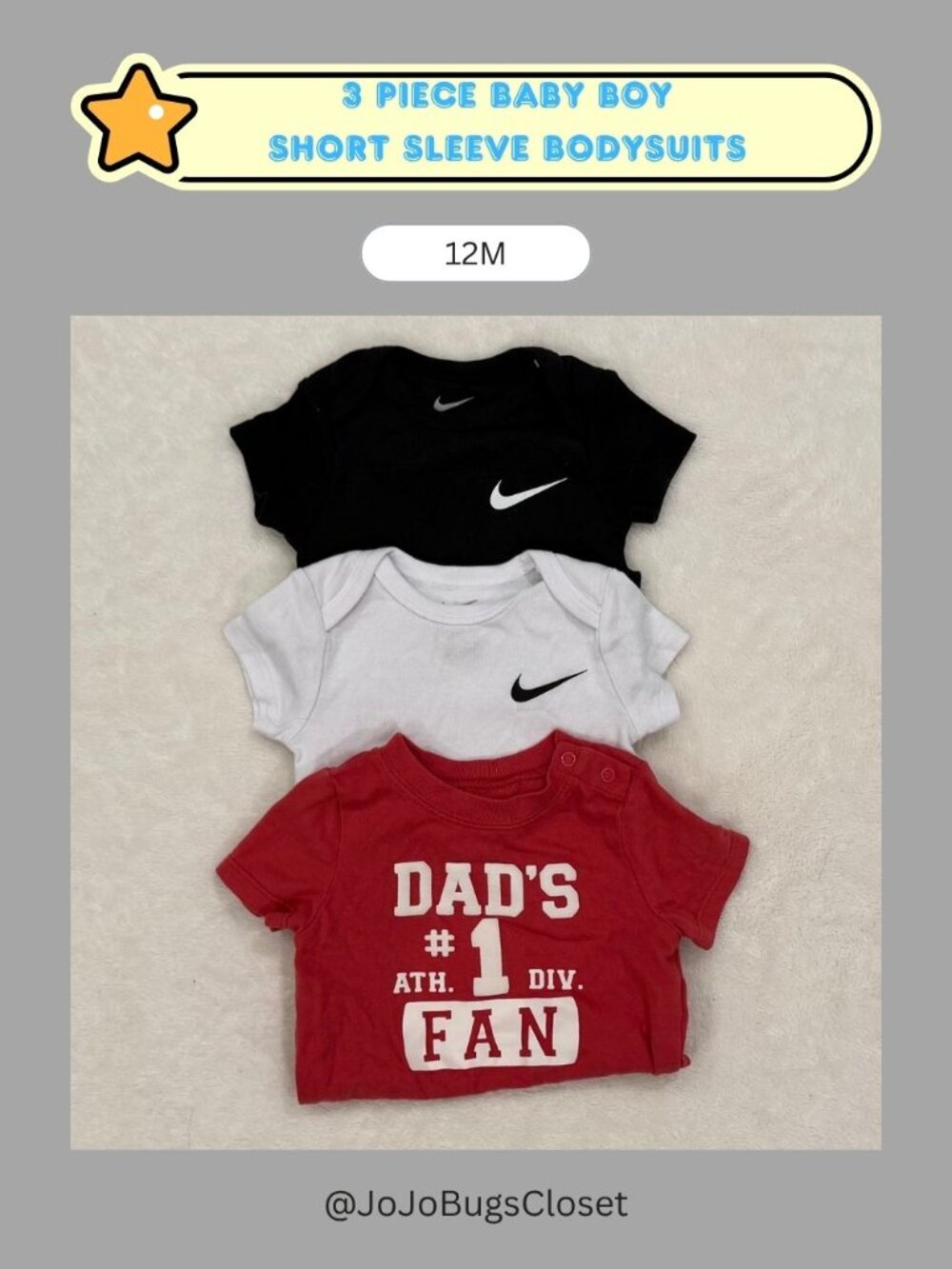 Nike & Dad's #1 Fan Baby Boy Bodysuit Bundle | 12M | 3 Short Sleeve Onesies